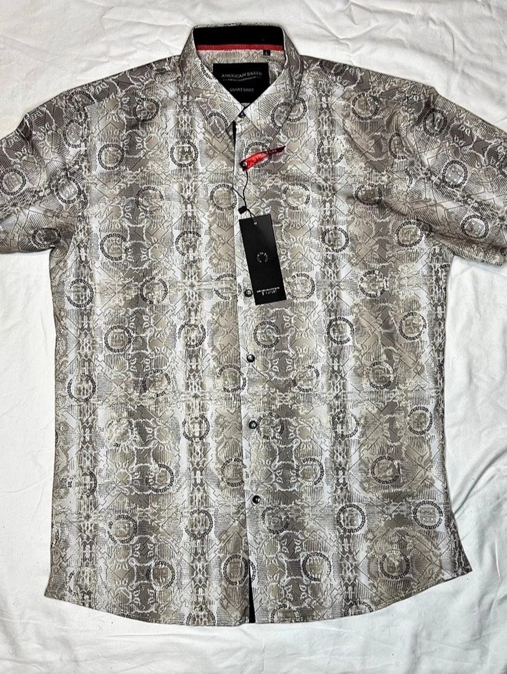 NWT American Breed Men's Beige Geometric Print Stretch Button Down Shirt Size L
